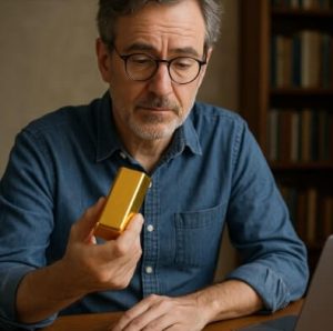 man holding a gold bar